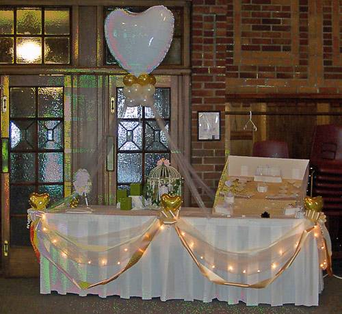 Entrance table with ribbon draping and lights