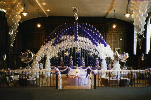 purple and white balloon dance floor canopy