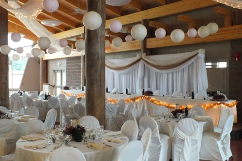 organza backdrop with gold draping