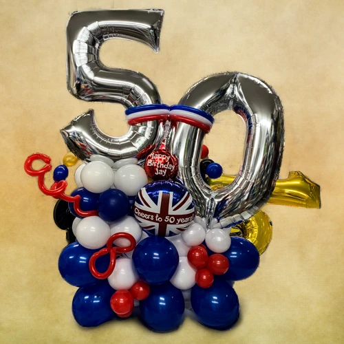 50th birthday with red, white, and blue balloons and Union Jack