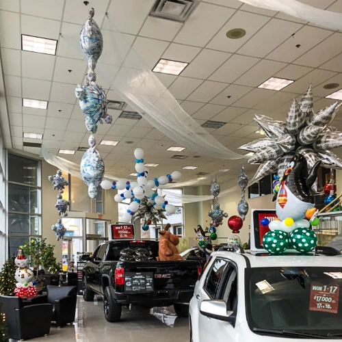 Winter decor at a car dealership