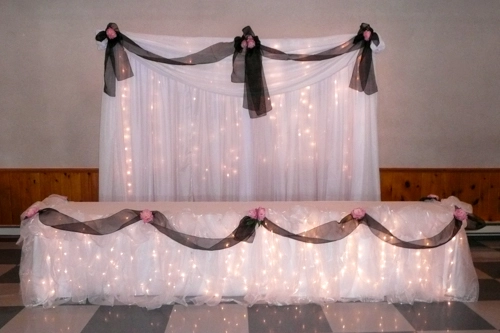 organza cloud table treatment and backdrop with lights