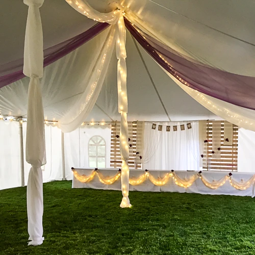 burgundy and white organza tent decor with lights