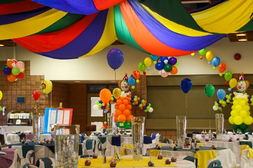 colourful draped fabric ceiling in clown theme