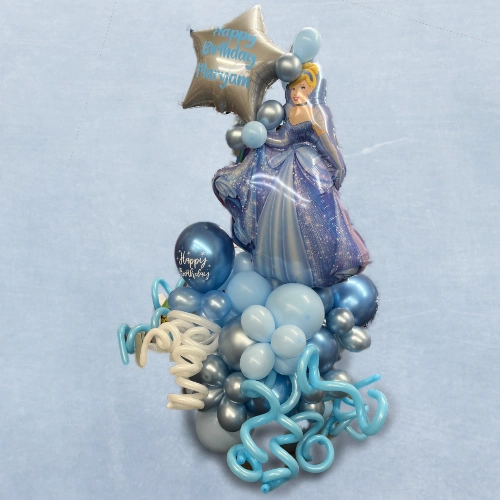 Cinderella balloon sculpture in blue silver and white balloons