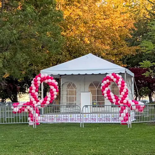 breast cancer log in balloons for Run for the Cure event